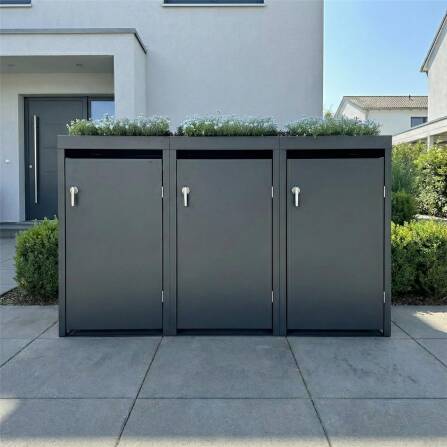Metzler Mülltonnenbox mit Pflanzdach | 3er | 240l | Anthrazit RAL 7016 | aus Stahl | rostfrei & massiv | Türgriff mit Schloss