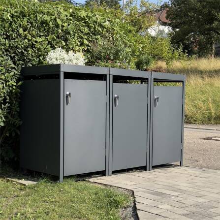 Metzler Mülltonnenbox mit Pflanzdach | 3er | 240l | Anthrazit RAL 7016 | aus Stahl | rostfrei & massiv | Türgriff mit Schloss