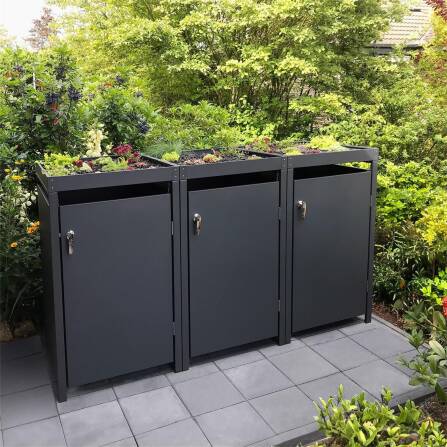 Metzler Mülltonnenbox mit Pflanzdach | 3er | 240l | Anthrazit RAL 7016 | aus Stahl | rostfrei & massiv | Türgriff mit Schloss
