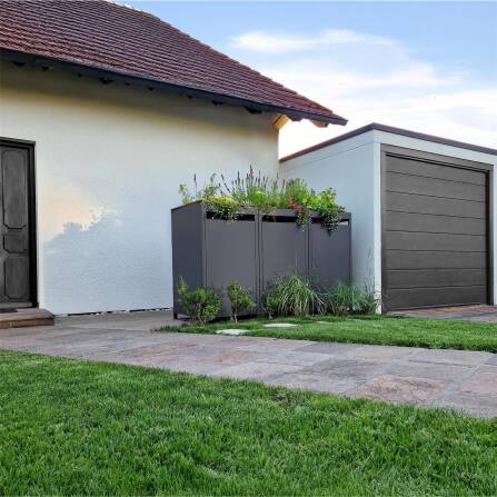 Metzler Mülltonnenbox mit Pflanzdach | 3er | 240l | Anthrazit RAL 7016 | aus Stahl | rostfrei & massiv | Türgriff mit Schloss