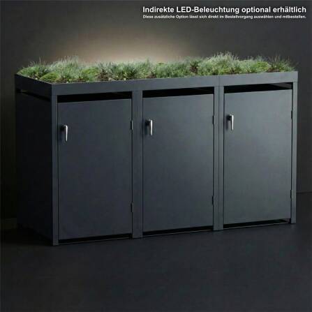 Metzler Mülltonnenbox mit Pflanzdach | 3er | 240l | Anthrazit RAL 7016 | aus Stahl | rostfrei & massiv | Türgriff mit Schloss