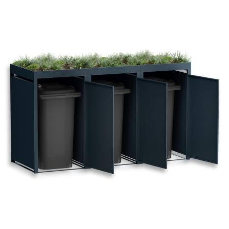 Metzler Mülltonnenbox mit Pflanzdach | 3er | 240l | Anthrazit RAL 7016 | aus Stahl | rostfrei & massiv | Türgriff mit Schloss
