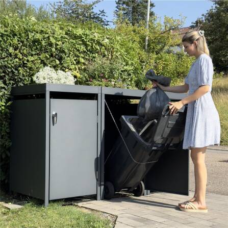 Metzler Mülltonnenbox mit Pflanzdach | 3er | 240l | Anthrazit RAL 7016 | aus Stahl | rostfrei & massiv | Türgriff mit Schloss