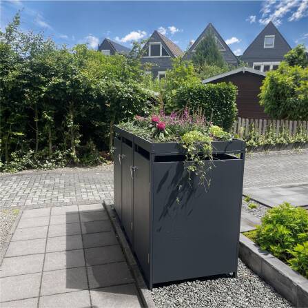 Metzler Mülltonnenbox mit Pflanzdach | 3er | 240l | Anthrazit RAL 7016 | aus Stahl | rostfrei & massiv | Türgriff mit Schloss