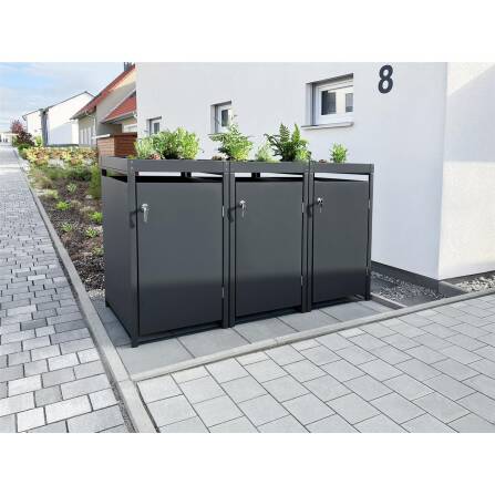 Metzler Mülltonnenbox mit Pflanzdach | 3er | 240l | Anthrazit RAL 7016 | aus Stahl | rostfrei & massiv | Türgriff mit Schloss