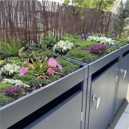 Metzler Mülltonnenbox mit Pflanzdach | 3er | 240l | Anthrazit RAL 7016 | aus Stahl | rostfrei & massiv | Türgriff mit Schloss