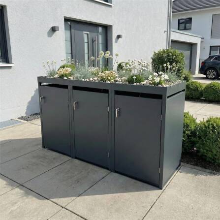 Metzler Mülltonnenbox mit Pflanzdach | 3er | 240l | Anthrazit RAL 7016 | aus Stahl | rostfrei & massiv | Türgriff mit Schloss
