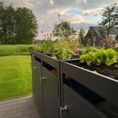 Metzler Mülltonnenbox mit Pflanzdach | 4er | 240l | Anthrazit RAL 7016 | aus Stahl | rostfrei & massiv | Türgriff mit Schloss