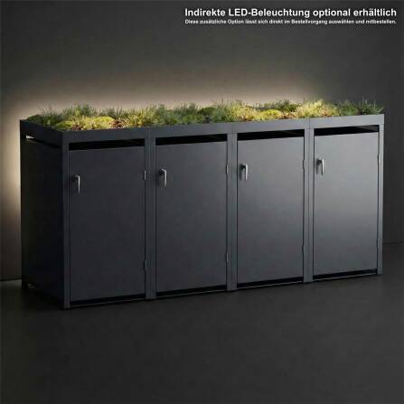 Metzler Mülltonnenbox mit Pflanzdach | 4er | 240l | Anthrazit RAL 7016 | aus Stahl | rostfrei & massiv | Türgriff mit Schloss