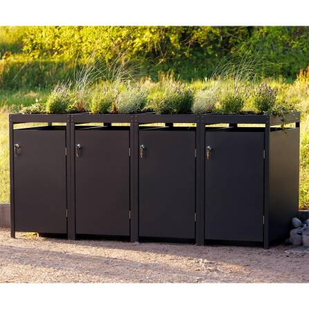 Metzler Mülltonnenbox mit Pflanzdach | 4er | 240l | Anthrazit RAL 7016 | aus Stahl | rostfrei & massiv | Türgriff mit Schloss