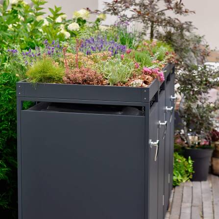 Metzler Mülltonnenbox mit Pflanzdach | 4er | 240l | Anthrazit RAL 7016 | aus Stahl | rostfrei & massiv | Türgriff mit Schloss