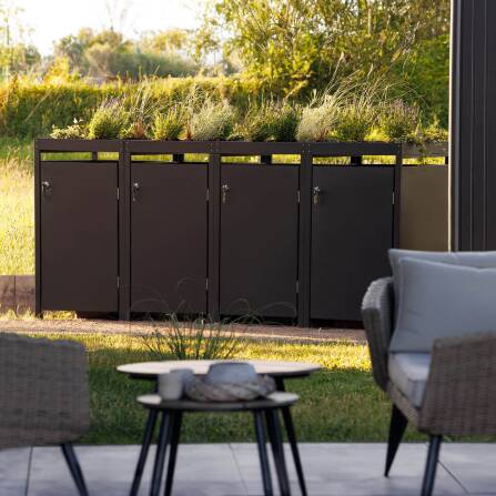 Metzler Mülltonnenbox mit Pflanzdach | 4er | 240l | Anthrazit RAL 7016 | aus Stahl | rostfrei & massiv | Türgriff mit Schloss