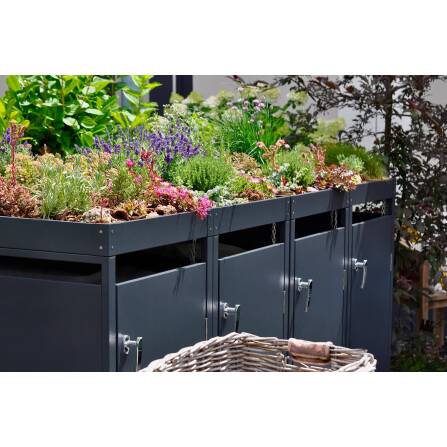 Metzler Mülltonnenbox mit Pflanzdach | 4er | 240l | Anthrazit RAL 7016 | aus Stahl | rostfrei & massiv | Türgriff mit Schloss