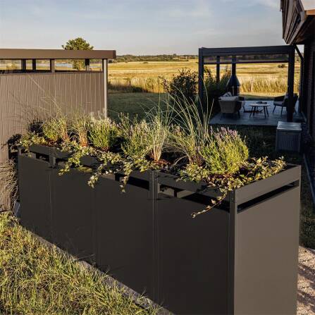 Metzler Mülltonnenbox mit Pflanzdach | 4er | 240l | Anthrazit RAL 7016 | aus Stahl | rostfrei & massiv | Türgriff mit Schloss