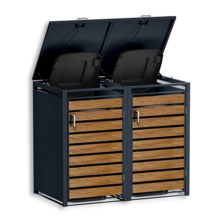 Metzler Contenitore per Bidoni della Spazzatura | 2 pezzi | 240l | con Aspetto del Legno | Antracite RAL 7016 | in Acciaio | Inossidabile & Massiccio | Maniglia Porta con Serratura