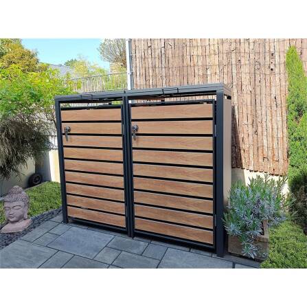 Metzler Contenitore per Bidoni della Spazzatura | 2 pezzi | 240l | con Aspetto del Legno | Antracite RAL 7016 | in Acciaio | Inossidabile & Massiccio | Maniglia Porta con Serratura