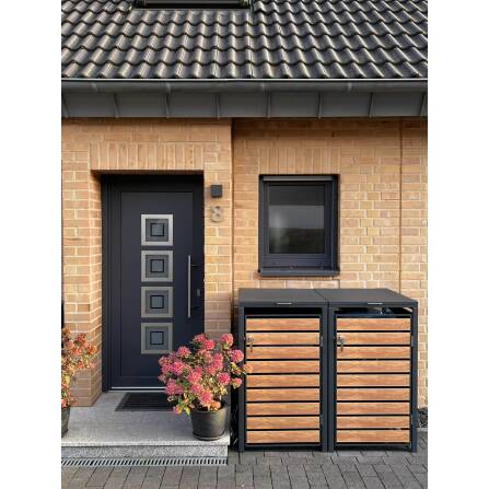 Metzler Contenitore per Bidoni della Spazzatura | 2 pezzi | 240l | con Aspetto del Legno | Antracite RAL 7016 | in Acciaio | Inossidabile & Massiccio | Maniglia Porta con Serratura