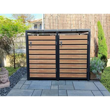 Metzler Contenitore per Bidoni della Spazzatura | 2 pezzi | 240l | con Aspetto del Legno | Antracite RAL 7016 | in Acciaio | Inossidabile & Massiccio | Maniglia Porta con Serratura