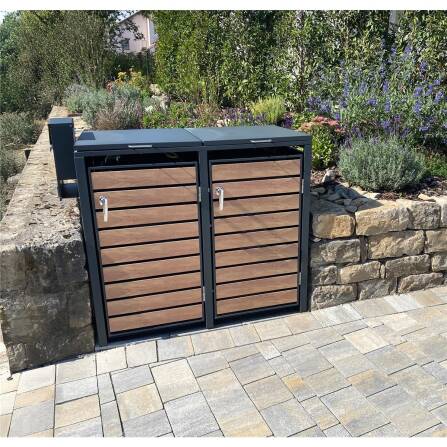 Metzler Contenitore per Bidoni della Spazzatura | 2 pezzi | 240l | con Aspetto del Legno | Antracite RAL 7016 | in Acciaio | Inossidabile & Massiccio | Maniglia Porta con Serratura