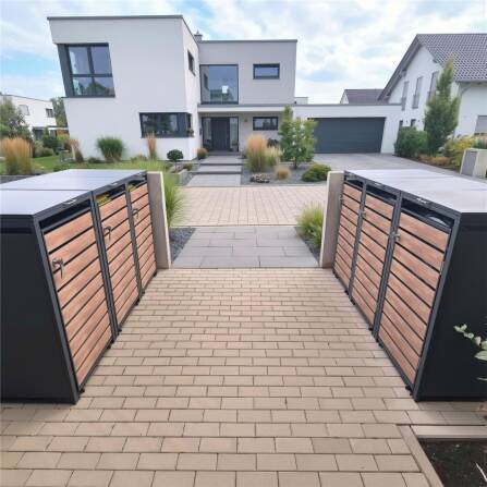 Metzler Mülltonnenbox | 3er | 240l | in Holzoptik | Anthrazit RAL 7016 | aus Stahl | rostfrei & massiv | Türgriff mit Schloss