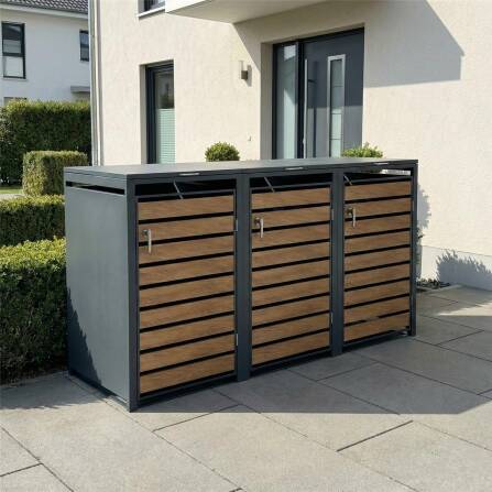 Metzler Mülltonnenbox | 3er | 240l | in Holzoptik | Anthrazit RAL 7016 | aus Stahl | rostfrei & massiv | Türgriff mit Schloss