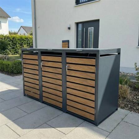 Metzler Mülltonnenbox | 3er | 240l | in Holzoptik | Anthrazit RAL 7016 | aus Stahl | rostfrei & massiv | Türgriff mit Schloss