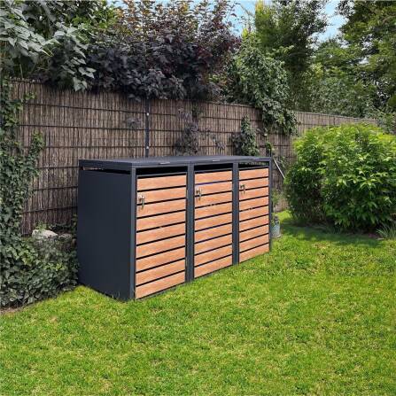 Metzler Mülltonnenbox | 3er | 240l | in Holzoptik | Anthrazit RAL 7016 | aus Stahl | rostfrei & massiv | Türgriff mit Schloss