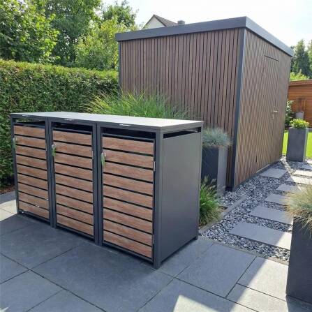 Metzler Mülltonnenbox | 3er | 240l | in Holzoptik | Anthrazit RAL 7016 | aus Stahl | rostfrei & massiv | Türgriff mit Schloss