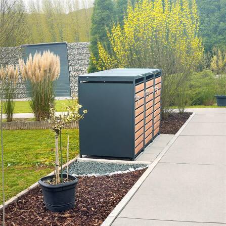 Metzler Mülltonnenbox | 3er | 240l | in Holzoptik | Anthrazit RAL 7016 | aus Stahl | rostfrei & massiv | Türgriff mit Schloss