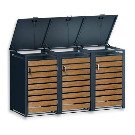 Metzler Mülltonnenbox | 3er | 240l | in Holzoptik | Anthrazit RAL 7016 | aus Stahl | rostfrei & massiv | Türgriff mit Schloss