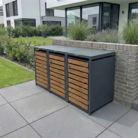 Metzler Mülltonnenbox | 3er | 240l | in Holzoptik | Anthrazit RAL 7016 | aus Stahl | rostfrei & massiv | Türgriff mit Schloss