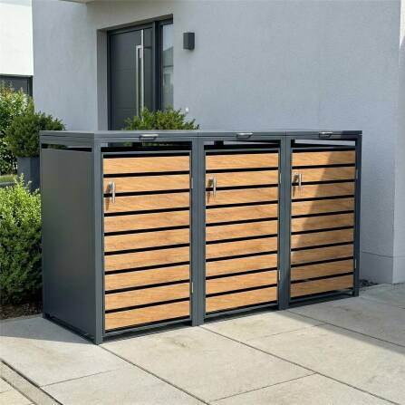 Metzler Mülltonnenbox | 3er | 240l | in Holzoptik | Anthrazit RAL 7016 | aus Stahl | rostfrei & massiv | Türgriff mit Schloss