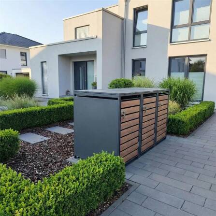 Metzler Mülltonnenbox | 3er | 240l | in Holzoptik | Anthrazit RAL 7016 | aus Stahl | rostfrei & massiv | Türgriff mit Schloss