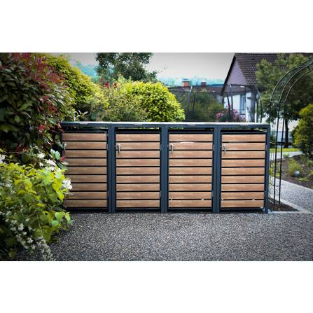 Metzler Mülltonnenbox | 4er | 240l | in Holzoptik | Anthrazit RAL 7016 | aus Stahl | rostfrei & massiv | Türgriff mit Schloss
