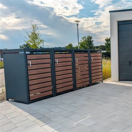 Metzler Mülltonnenbox | 4er | 240l | in Holzoptik | Anthrazit RAL 7016 | aus Stahl | rostfrei & massiv | Türgriff mit Schloss