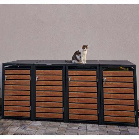 Metzler Mülltonnenbox | 4er | 240l | in Holzoptik | Anthrazit RAL 7016 | aus Stahl | rostfrei & massiv | Türgriff mit Schloss