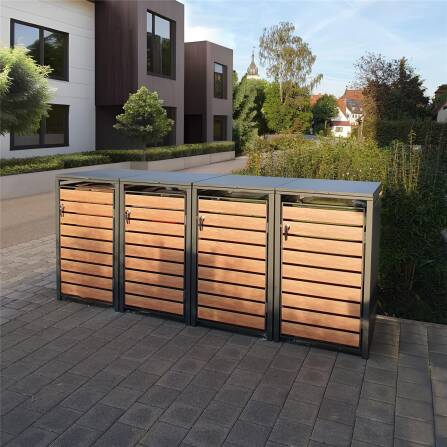 Metzler Mülltonnenbox | 4er | 240l | in Holzoptik | Anthrazit RAL 7016 | aus Stahl | rostfrei & massiv | Türgriff mit Schloss