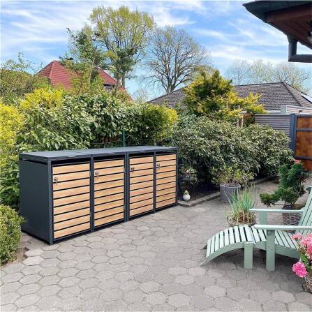 Metzler Mülltonnenbox | 4er | 240l | in Holzoptik | Anthrazit RAL 7016 | aus Stahl | rostfrei & massiv | Türgriff mit Schloss