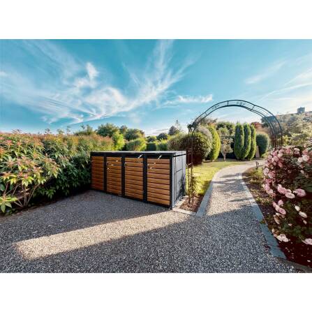 Metzler Mülltonnenbox | 4er | 240l | in Holzoptik | Anthrazit RAL 7016 | aus Stahl | rostfrei & massiv | Türgriff mit Schloss