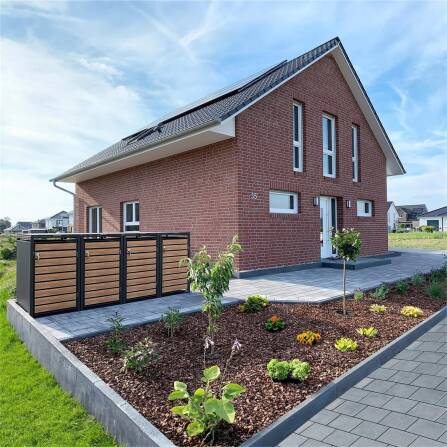 Metzler Mülltonnenbox | 4er | 240l | in Holzoptik | Anthrazit RAL 7016 | aus Stahl | rostfrei & massiv | Türgriff mit Schloss