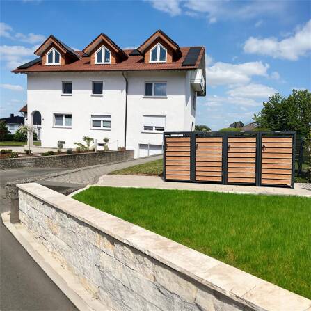 Metzler Mülltonnenbox | 4er | 240l | in Holzoptik | Anthrazit RAL 7016 | aus Stahl | rostfrei & massiv | Türgriff mit Schloss