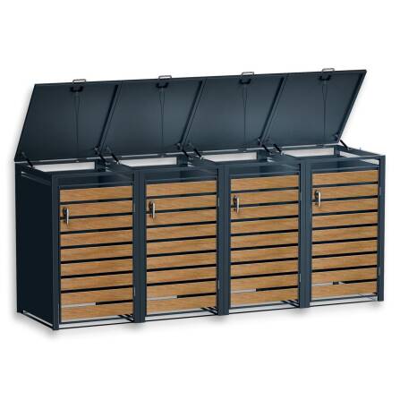 Metzler Mülltonnenbox | 4er | 240l | in Holzoptik | Anthrazit RAL 7016 | aus Stahl | rostfrei & massiv | Türgriff mit Schloss