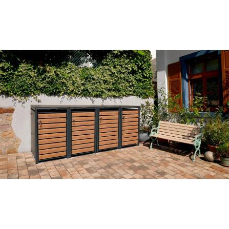 Metzler Mülltonnenbox | 4er | 240l | in Holzoptik | Anthrazit RAL 7016 | aus Stahl | rostfrei & massiv | Türgriff mit Schloss