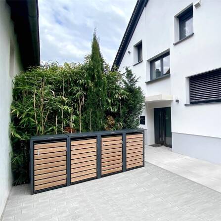 Metzler Mülltonnenbox | 4er | 240l | in Holzoptik | Anthrazit RAL 7016 | aus Stahl | rostfrei & massiv | Türgriff mit Schloss