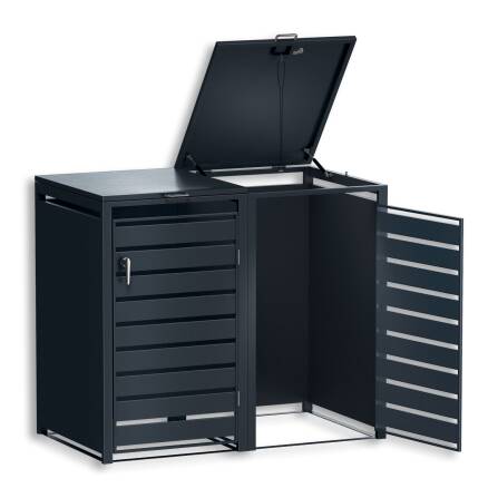 Metzler Mülltonnenbox | 2er | 240l | Anthrazit RAL 7016 | aus Stahl | mit Sichtstreifen | rostfrei & massiv | Türgriff mit Schloss