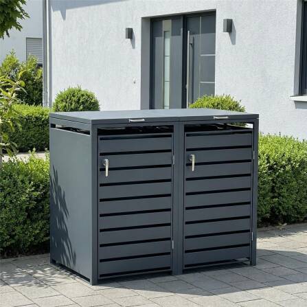 Metzler Mülltonnenbox | 2er | 240l | Anthrazit RAL 7016 | aus Stahl | mit Sichtstreifen | rostfrei & massiv | Türgriff mit Schloss