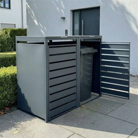 Metzler Mülltonnenbox | 2er | 240l | Anthrazit RAL 7016 | aus Stahl | mit Sichtstreifen | rostfrei & massiv | Türgriff mit Schloss