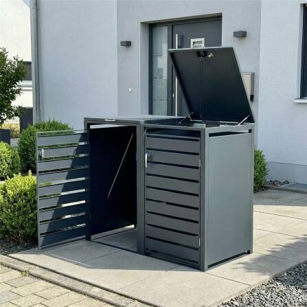 Metzler Mülltonnenbox | 2er | 240l | Anthrazit RAL 7016 | aus Stahl | mit Sichtstreifen | rostfrei & massiv | Türgriff mit Schloss