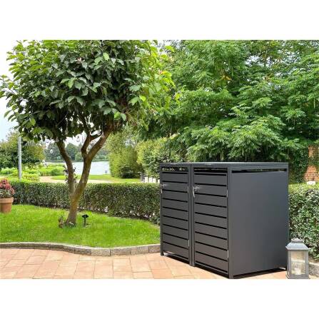 Metzler Mülltonnenbox | 2er | 240l | Anthrazit RAL 7016 | aus Stahl | mit Sichtstreifen | rostfrei & massiv | Türgriff mit Schloss