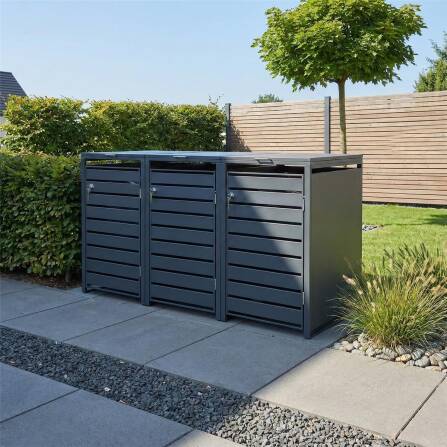 Metzler Mülltonnenbox | 3er | 240l | Anthrazit RAL 7016 | aus Stahl | mit Sichtstreifen | rostfrei & massiv | Türgriff mit Schloss